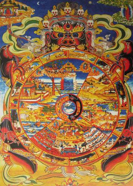 Подлинное традиционное изображение Колеса Сансары, содержащее в себе 6 сансарических миров (в т.ч. Миры Асуров (демонов) и Адские Миры)